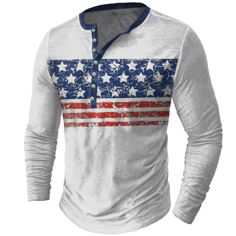 

Camiseta Masculina Vintage Com Estampa De Bandeira Americana Gola Henley Manga Longa E Blusa Colorida