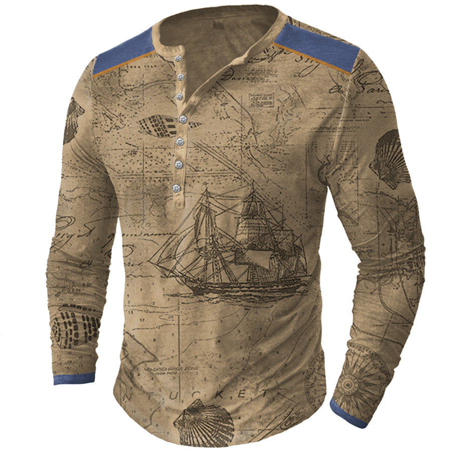 

T-shirt A Maniche Lunghe Con Colletto Henley E Stampa Nautica Da Uomo Con Mappa Del Mondo Vintage Da Uomo