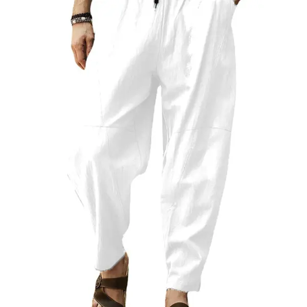 Men's Summer Casual Baggy Trousers Cotton Linen Wide Leg Loose Harem Pants - Kalesafe.com 