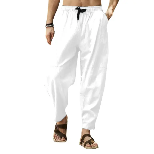 Men's Summer Casual Baggy Trousers Cotton Linen Wide Leg Loose Harem Pants - Honeylop.chimpone.com 