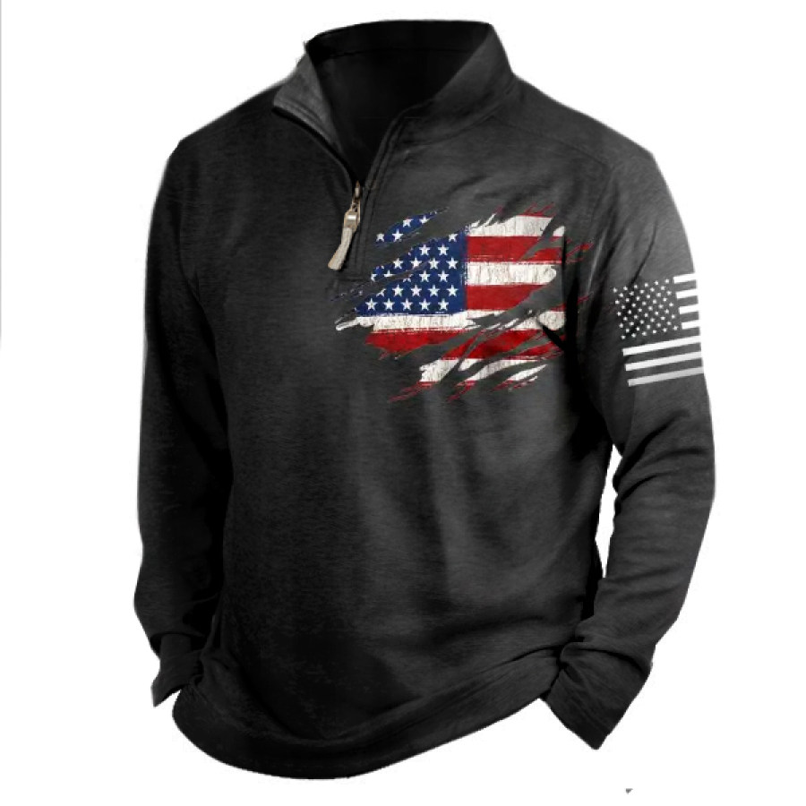 

Camiseta Masculina Com Zíper 1/4 Com Gola Alta Vintage Bandeira Americana Ao Ar Livre Meio Zíper Casual Solto Tático Diário