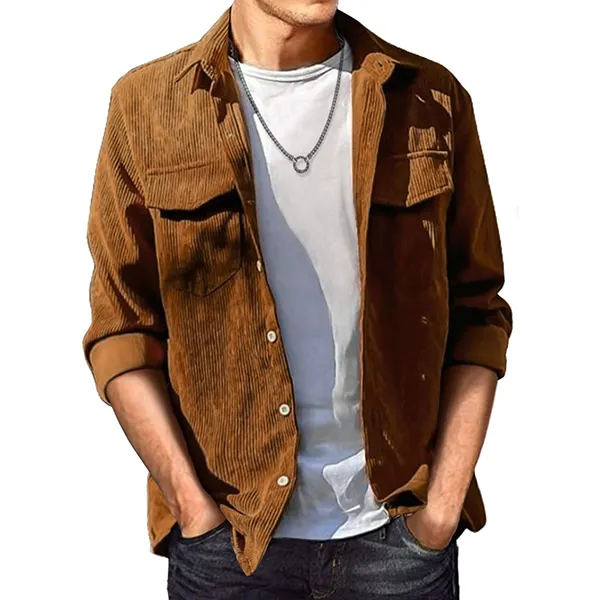 Men's Vintage Corduroy Button Down Shirts Jackt Casual Long Sleeve Shacket Jacket With Flap Pocket Shirts - Villagenice.com 