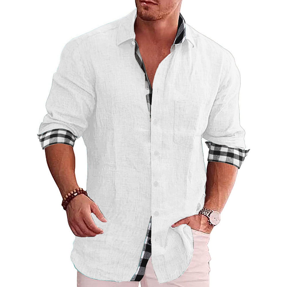 Men's Casual Plaid Stitching Cotton Linen Shirt Long Sleeve Top