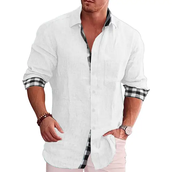 Men's Casual Plaid Stitching Cotton Linen Shirt Long Sleeve Top - Blaroken.com 