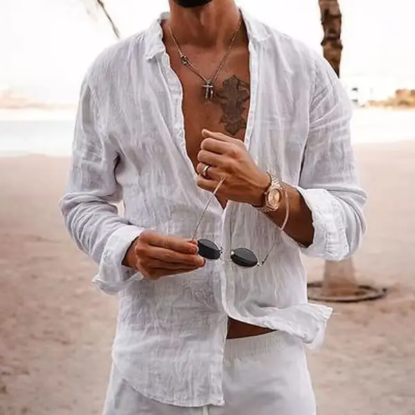 Men's Solid Color Lapel Casual Long Sleeve Cotton Linen Shirt - Yiyistories.com 