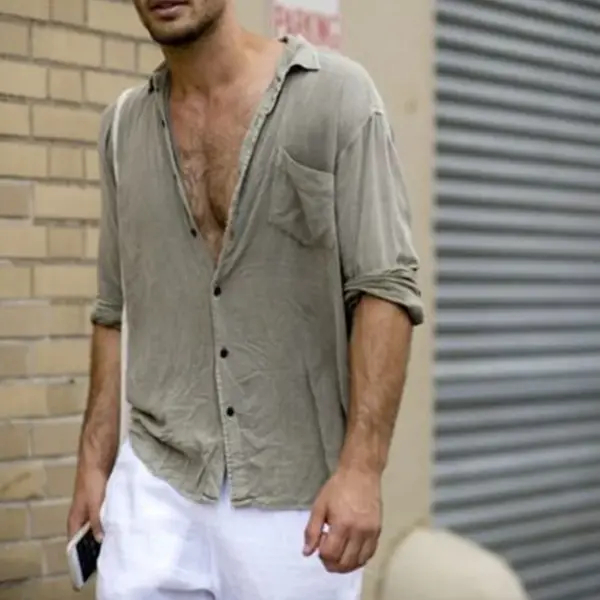 Men's Lapel Pocket Cotton Linen Shirt - Kalesafe.com 