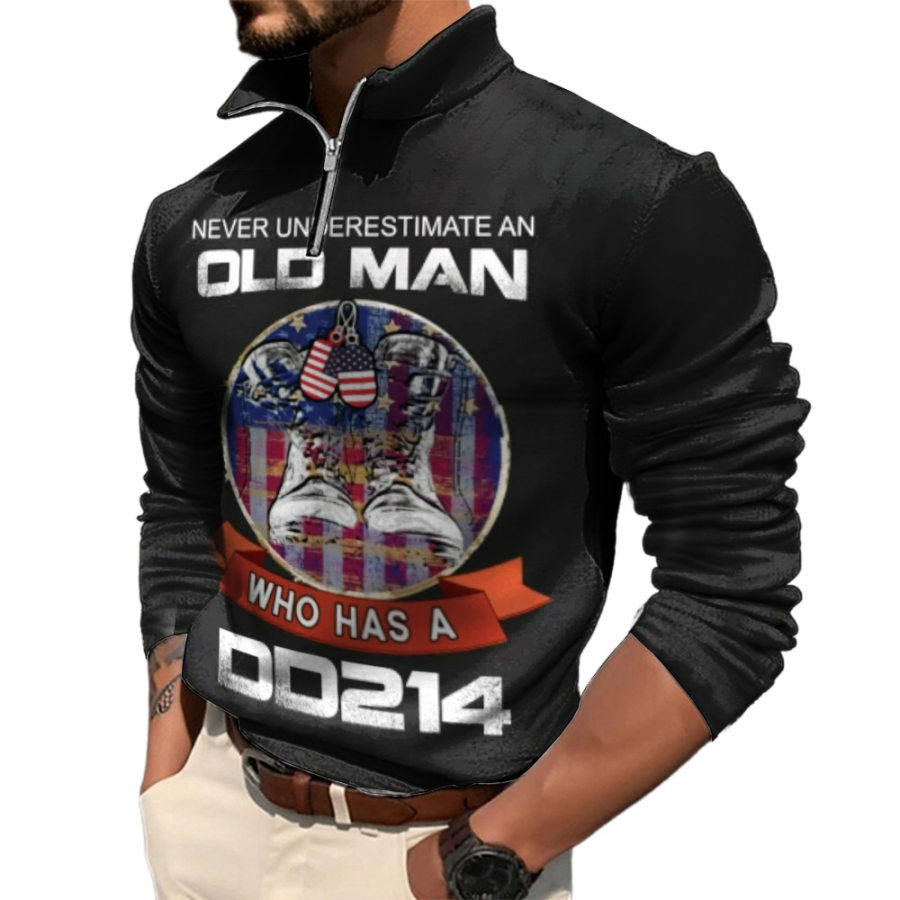 

Never Underestimate An Old Man Who Was A DD214 Men's Zipper Lapel Casual Sweatshirt