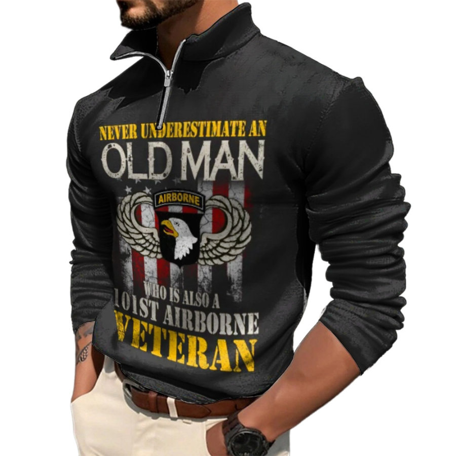 

Never Undertimate An Old Man 101st Airborne Division Veteran Men's Zipper Lapel Casual Sweatshirt