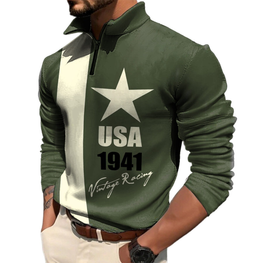 

Moletom Masculino Vintage Com Estampa Listrada E Lapela Com Zíper