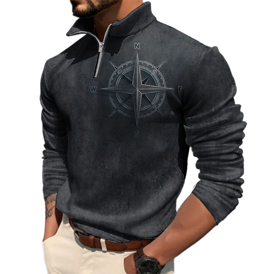 

Moletom Masculino Vintage Com Estampa De Bússola E Lapela Com Zíper