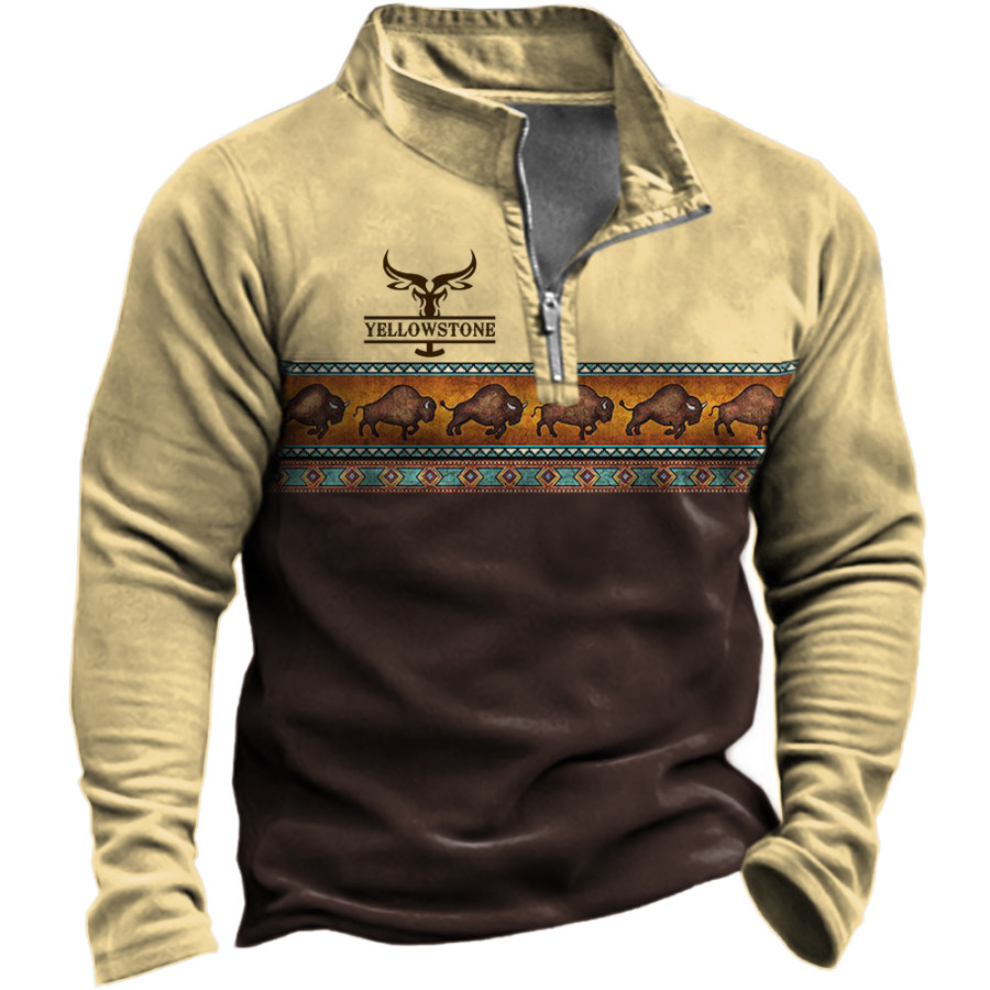 

Men's Outdoor Retro Western Yellowstone Print Casual Zipper Lapel Sweatshirt