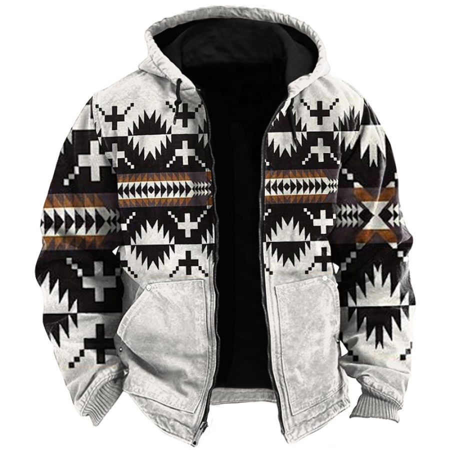 

Hoodie Men's Zipper Vintage Ethnic Style Printed Pocket Full Zip Cargo Jacket White
