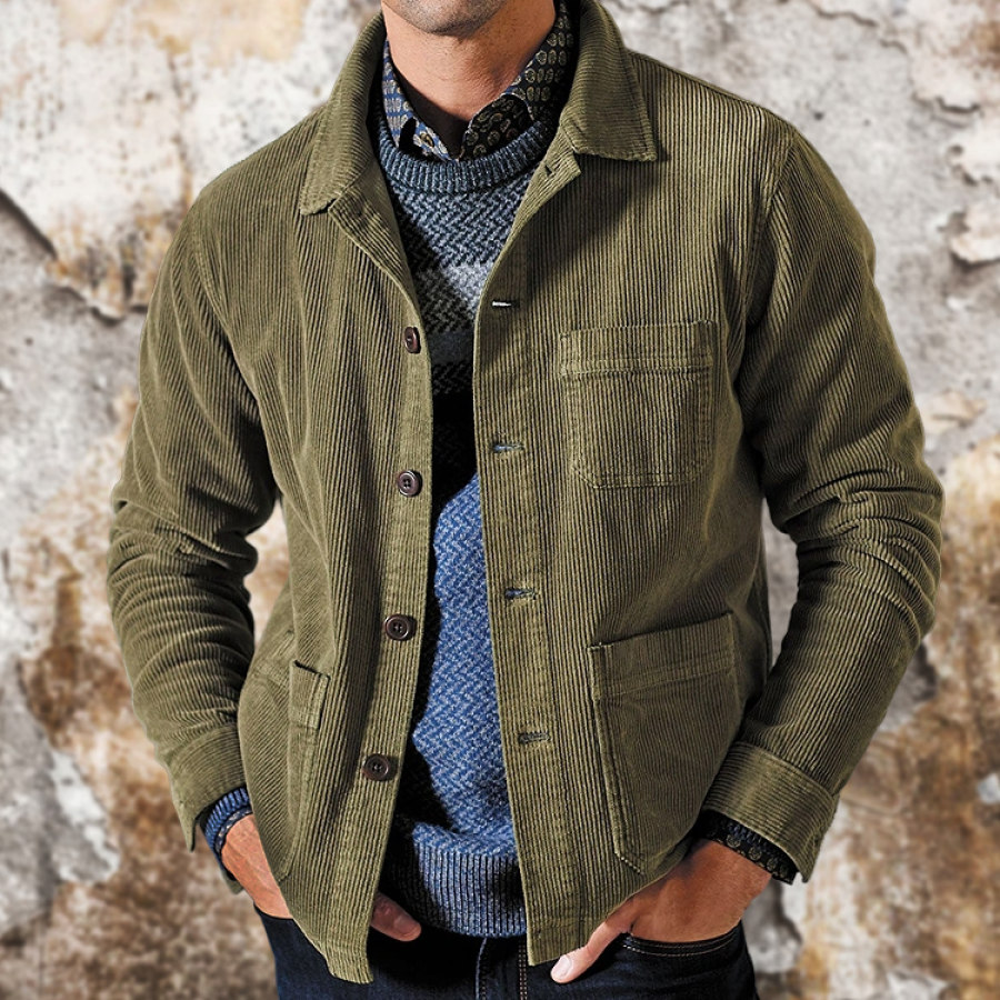 

Men Corduroy Jacket Outdoor Chore Coat Vintage Multi-Pocket Tactics Jacket ArmyGreen