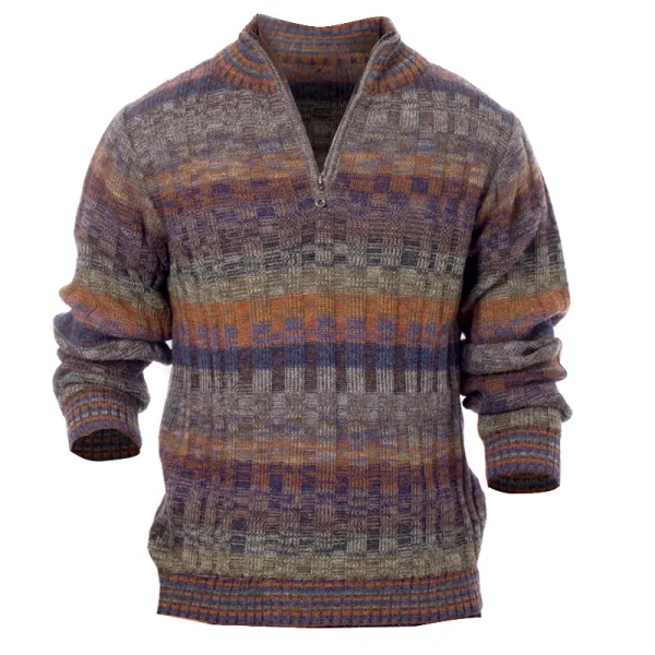 100 Alpaca Men's Half Zip Stand Collar Sweater Vintage Striped Sweater