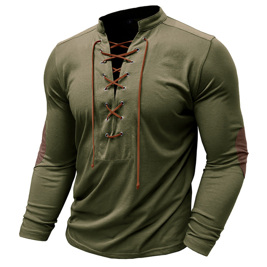 

T-shirt Da Uomo A Maniche Lunghe Con Colletto Henley E Cravatta Casual Da Esterno