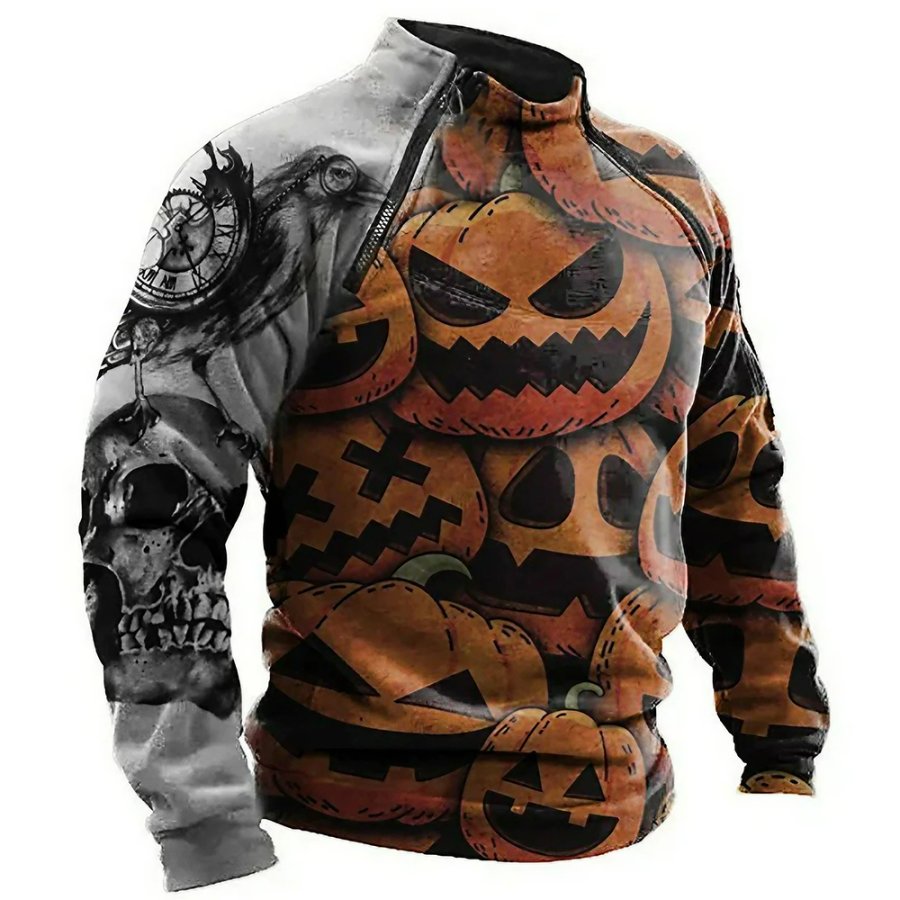 

Herren-Sweatshirt Mit Halloween-Kürbis-Cartoon-Farbblock-Grafikdruck Reißverschluss Und Stehkragen Orange