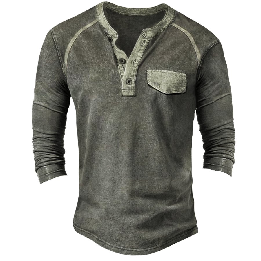 

T-shirt Henley A Maniche Lunghe Morbida E Confortevole A Blocchi Di Colore Retrò Da Uomo