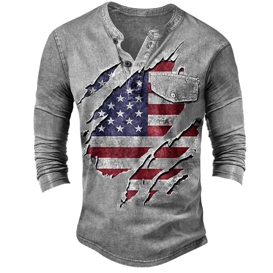 

Camiseta Masculina Retrô Com Estampa De Bandeira Americana Confortável E Macia De Manga Comprida Henley