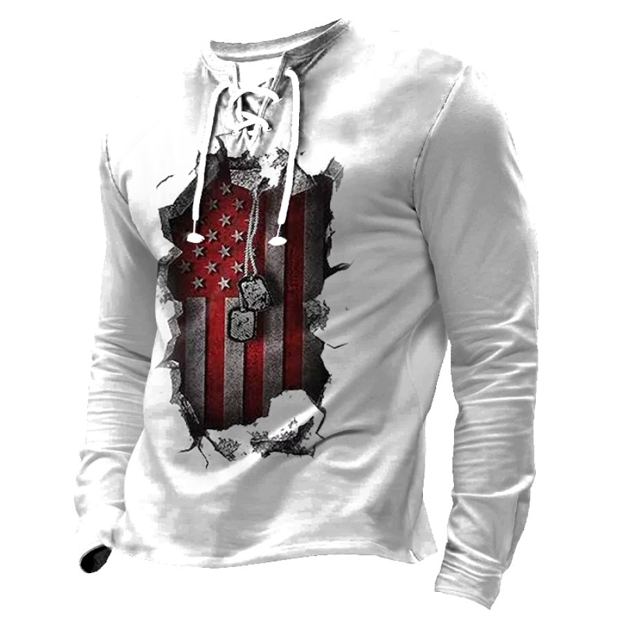 

Camiseta Masculina Retrô Com Bandeira Americana Com Cadarço Confortável E Macia De Manga Comprida Henley