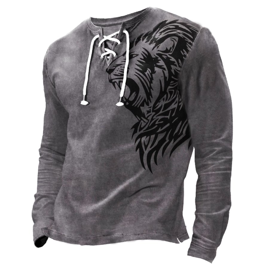 

Camiseta Masculina RetroLion Com Cadarço Confortável E Macia De Manga Comprida Henley