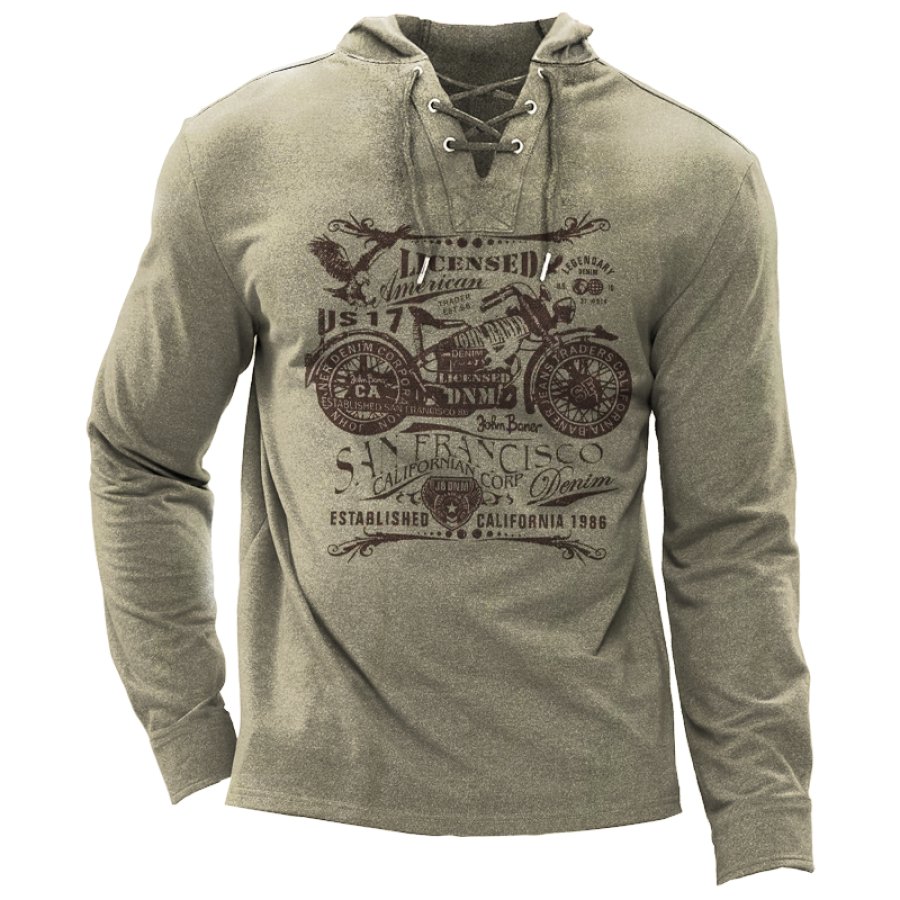 

Camiseta Masculina Retrô Com Capuz Henley Para Motocicleta Com Cadarço Confortável E Macio De Manga Comprida