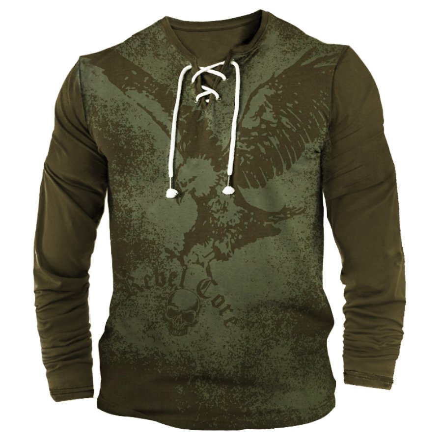 

Camiseta Masculina Retrô Eagle Com Cadarço Confortável E Macia De Manga Comprida Henley