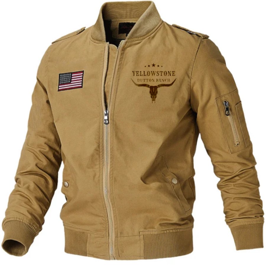

Men's Vintage American Yellowstone Printed Flight Jacket Casual Pocket Coat