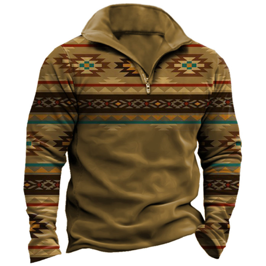 

Herren-Sweatshirt Mit 1/4-Reißverschluss Ethnischer Musterdruck Azteken-Khaki