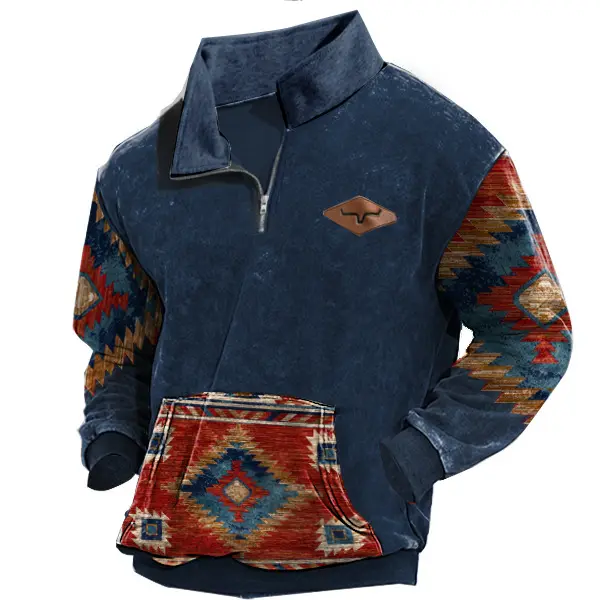 Men's Vintage Zipper Half Open Stand Collar Sweatshirt Western Ethnic Outdoor Tactical Pullover - Kalesafe.com 