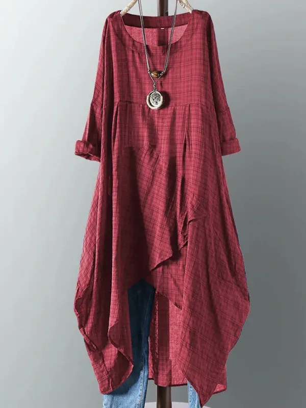 Plus Size Women's Solid Color Irregular Hem Plaid Cotton Linen Dress - Cominbuy.com 