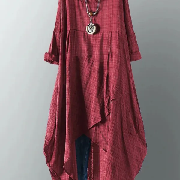 Plus Size Women's Solid Color Irregular Hem Plaid Cotton Linen Dress - Kalesafe.com 