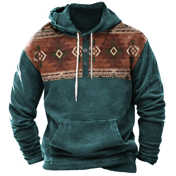Men's Vintage Henley Hooded Western Colorblock Sweatshirt