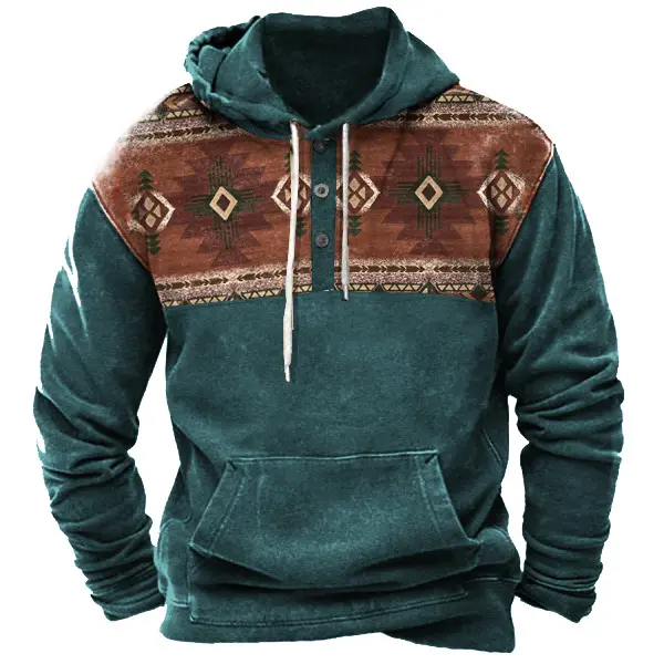Men's Vintage Henley Hooded Western Colorblock Sweatshirt - Blaroken.com 