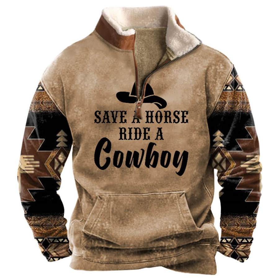 

Men's Sweatshirt Quarter Zip Fleece Collar Save A Horse Ride A Cowboy Western Ethnic Aztec Vintage Daily Tops