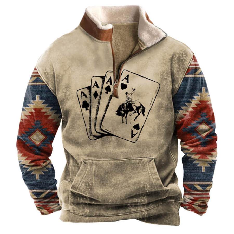 

Moletom Masculino Quarter Zip Cowboy Jogando Cartas étnicas Ocidentais Astecas Vintage Tops Diários