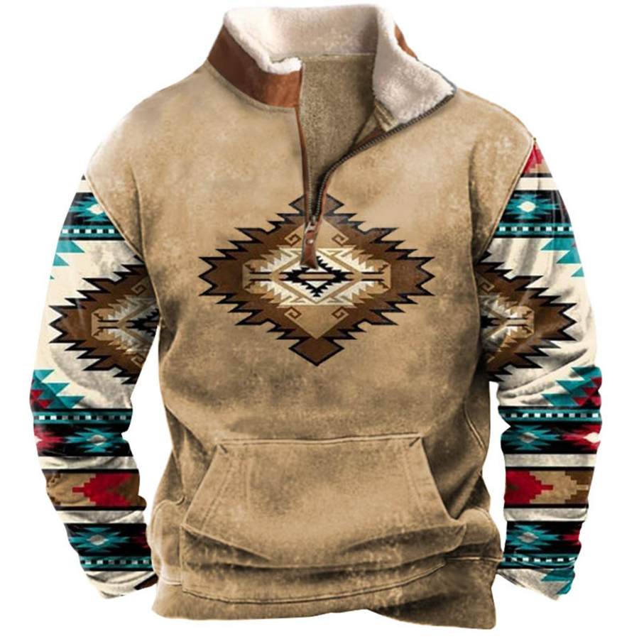 

Herren-Sweatshirt Viertelreißverschluss Fleece-Kragen Western-Ethno-Azteken-Vintage-Tagesoberteil