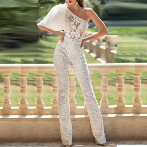 Ladies Fashion Sexy Slanted Shoulder Asymmetrical Lace Slim Jumpsuit Trousers - Leanarea.chimpone.com 