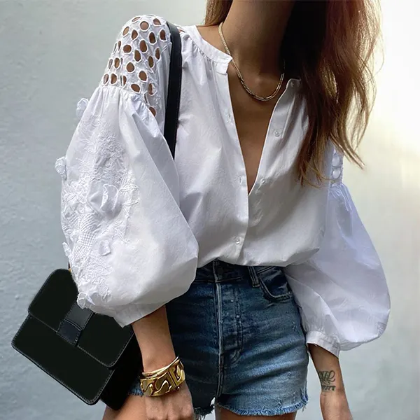 Ladies casual street shooting hollow lantern sleeve long-sleeved shirt top - Leanarea.chimpone.com 