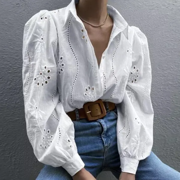Ladies casual street style lantern sleeve embroidered shirt top - Leanarea.chimpone.com 