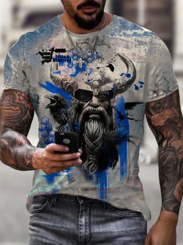 Designer vintage Viking warrior print T-shirt - Oasisjoy.com 