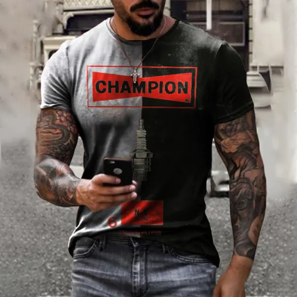 champion & Spark Plug Print T-shirt - Sanhive.com 