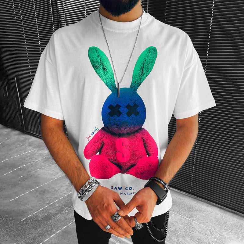 Colored Bunny Print Loose Short Sleeve T Shirt