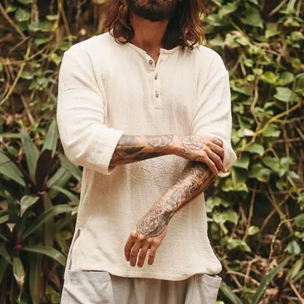 Men's Plain Simple Design Three-quarter Sleeve Shirt - Mosaicnew.com 