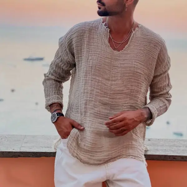 Men's Linen Simple Long-sleeved Shirt - Mosaicnew.com 