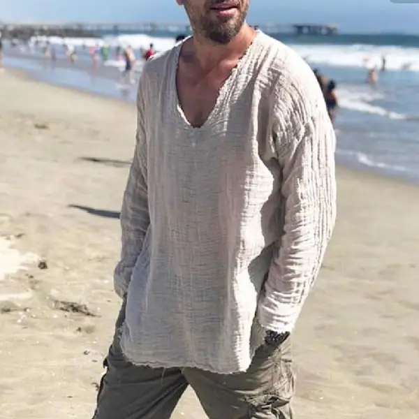Men's Linen Holiday Plain Round Neck Long Sleeve Shirt - Mosaicnew.com 