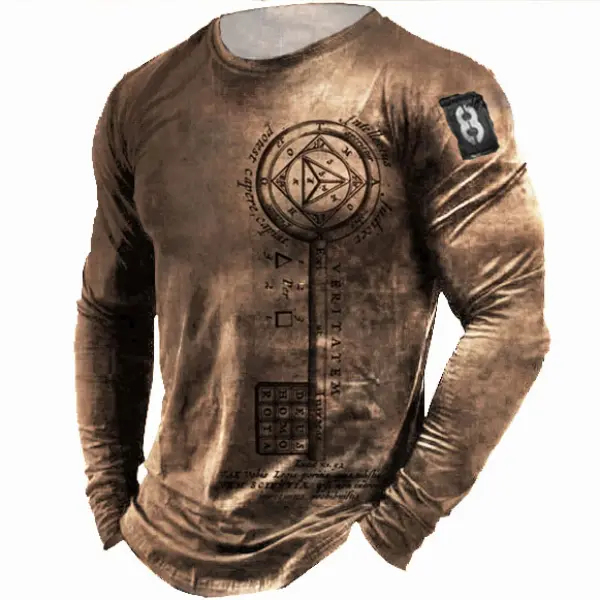 Mens Outdoor Retro Key Code Print Long Sleeve Sports Top - Styletaken.chimpone.com 