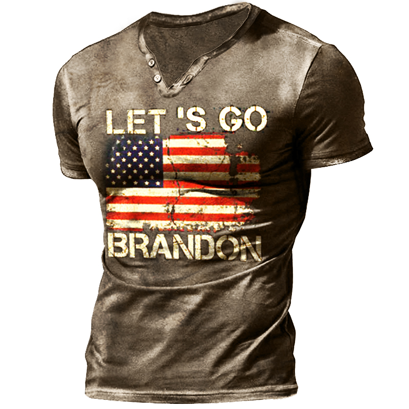 Let's Go Brandon Travel Chic Men's Vintage Henley Button Short Sleeve Shirt