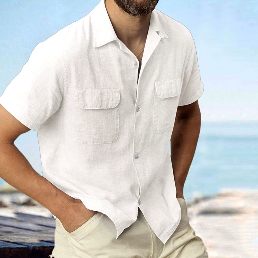 

Linen Summer Button Cuban Camp Casual Pocket Short Sleeve Shirt