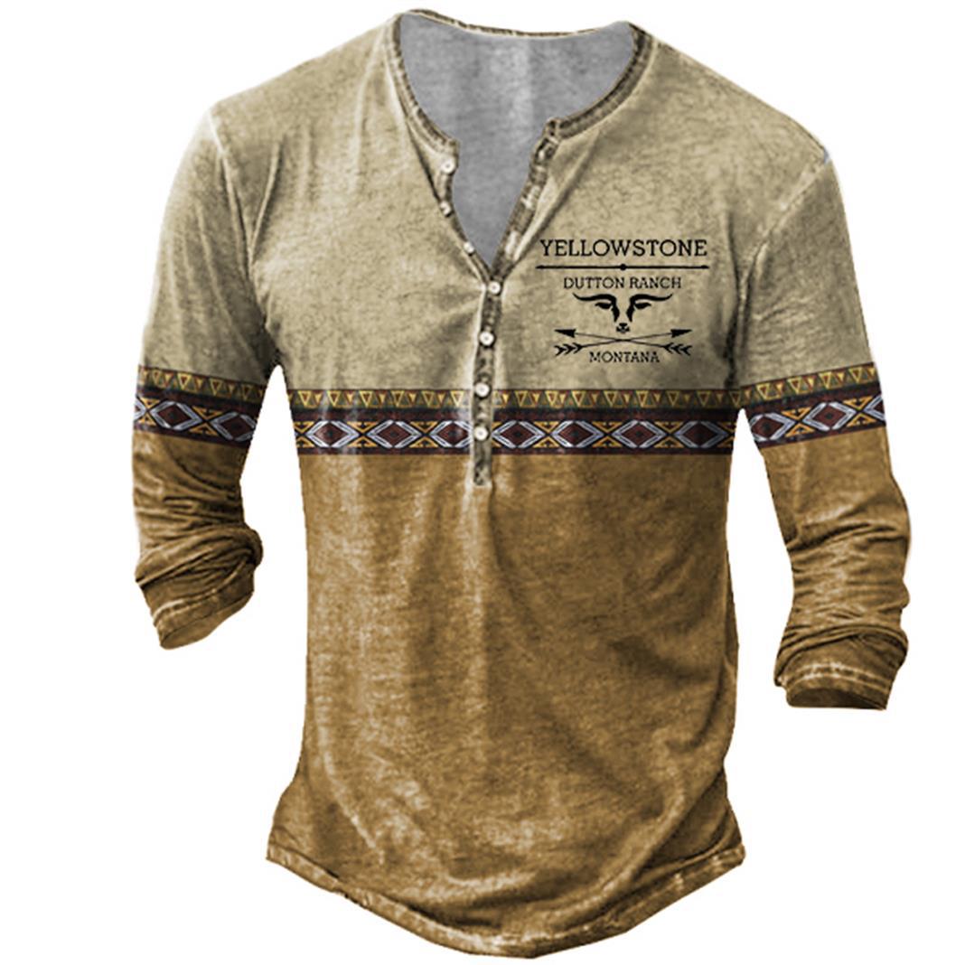Men's Vintage Ethnic Yellowstone Chic Colorblock Henley T-shirt