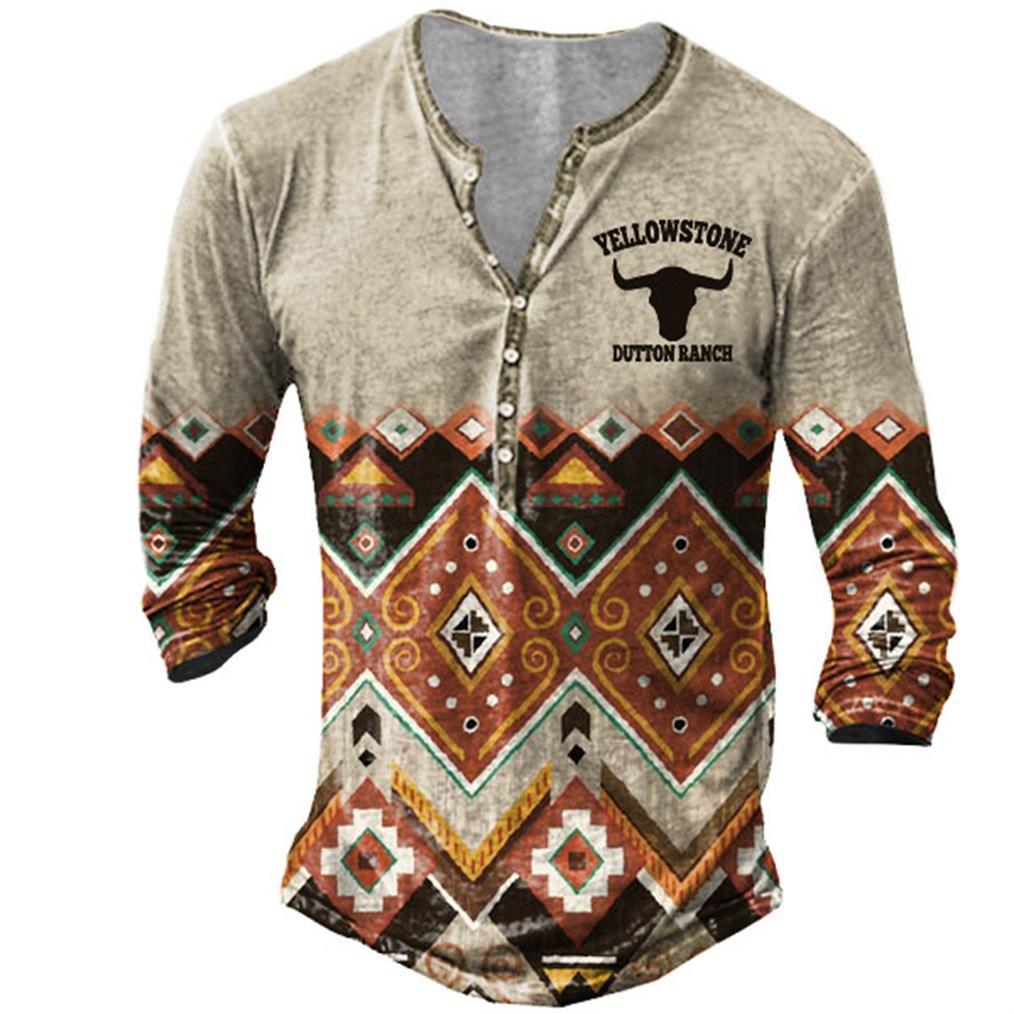 Men's Vintage Ethnic Yellowstone Chic Bull Henley T-shirt